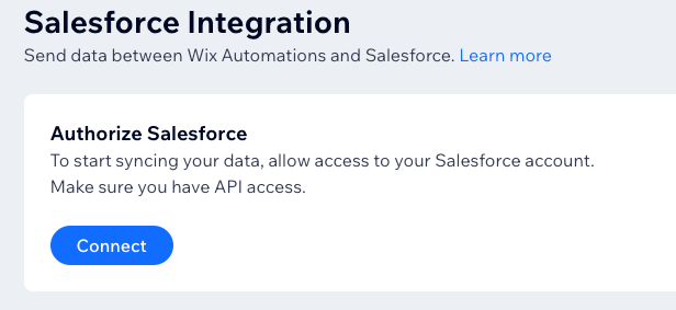 Uma captura de tela mostrando como conectar sua integração do Salesforce ao seu site empresarial do Wix Studio.