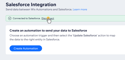 Uma captura de tela mostrando como desconectar a integração do Salesforce na seção Gerenciar aplicativos do painel de controle do site.