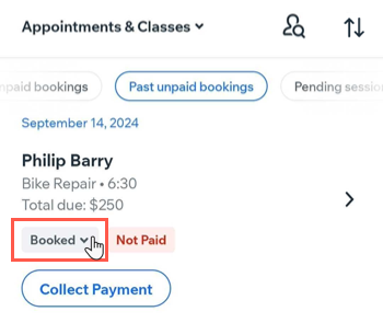 A screenshot showing how to update the booking status for a session on the Booking List in the Wix app.