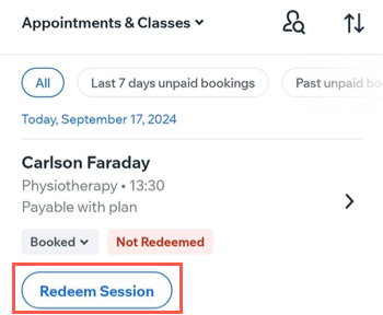 A screenshot showing how to redeem a session from a plan or membership, after selling it to a client from the Booking List