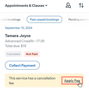 A screenshot showing how to charge a cancellation fee on the Booking List.