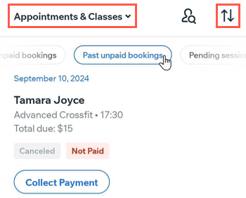 A screenshot showing the Booking List filtered by appointments and classes, sorted oldest to newest, past unpaid bookings.