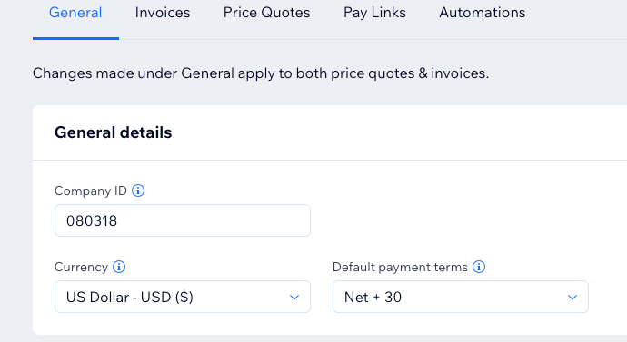 A screenshot showing how to change the currency and payment terms for your invoices and price quotes.