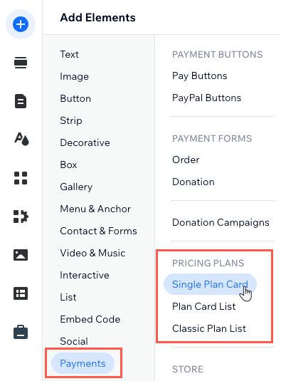 A screenshot showing the pricing plans elements you can add to a page in the Wix Editor.