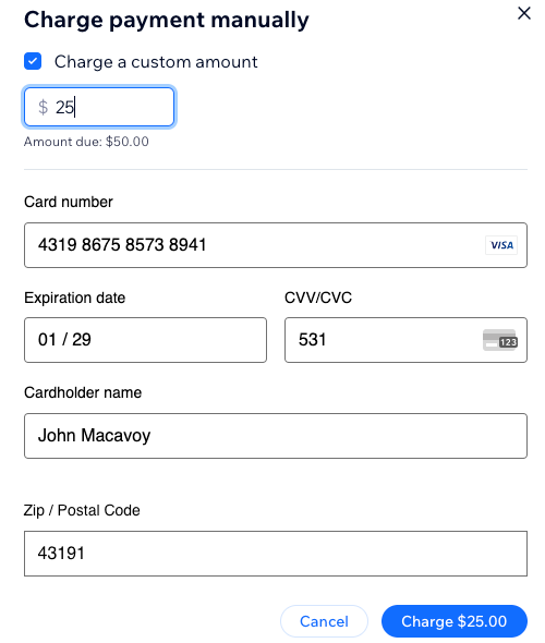 A screenshot showing how to manually charge a custom amount to a client's credit card from the booking list.