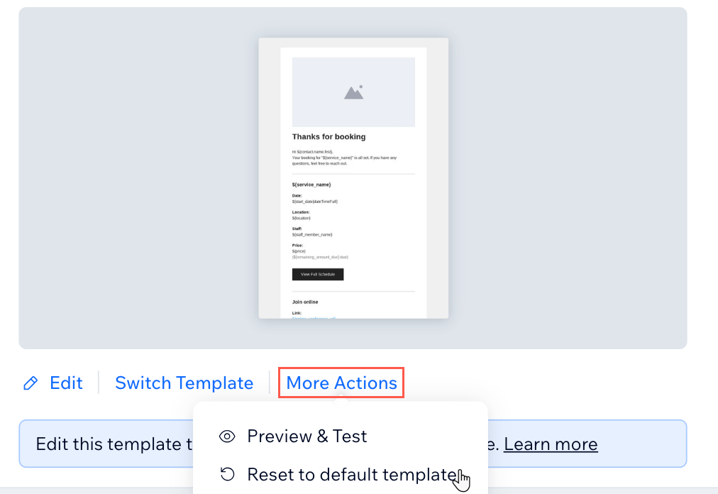 A screenshot showing how to reset your automated emails to their default template.