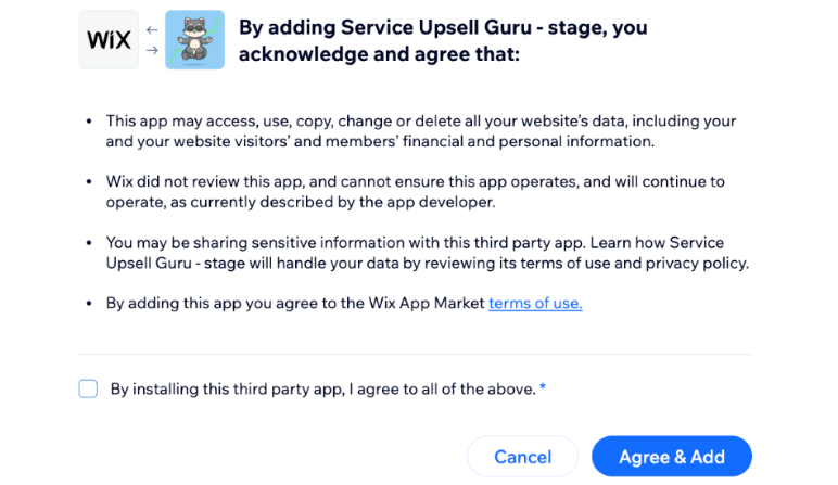 A screenshot showing the terms you need to agree to in order to install the service upsell guru app on your site.