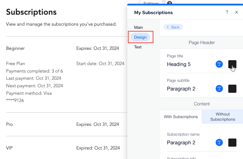 A screenshot showing how to customize the design of the My Subscriptions page.