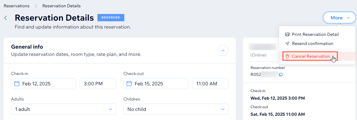 A screenshot showing how to cancel a reservation from the Reservations tab in the dashboard.