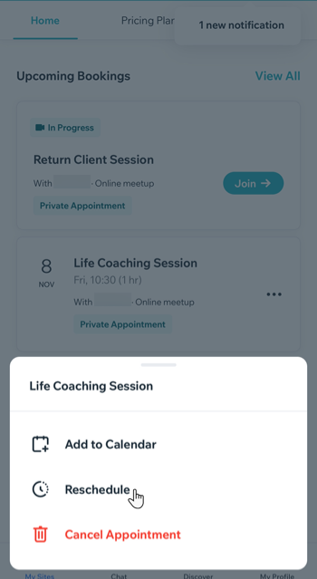 A screenshot showing how to reschedule your session from the Upcoming Bookings widget in the Spaces by Wix app.