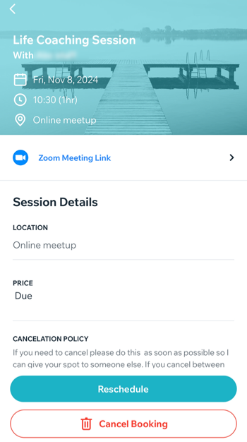 A screenshot showing how to reschedule your sessions from the My Bookings section of the Spaces by Wix app.