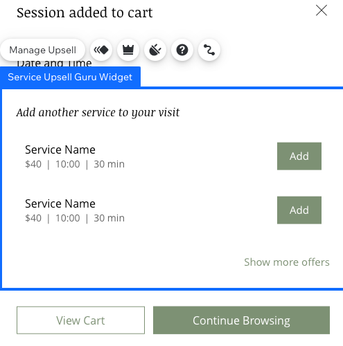 A screenshot showing the Service Upsell Guru widget on the Booking form page in the Wix Editor