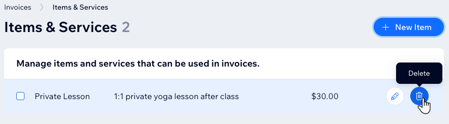 A screenshot showing how to delete an item or a service in the invoices section of the dashboard.