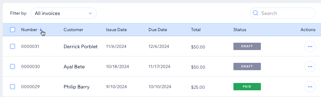 A screenshot showing how to sort the order of your invoices list by Invoice number.