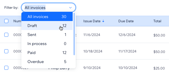 A screenshot showing how to filter your invoices list.