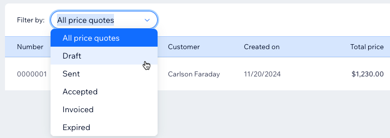 A screenshot showing how to filter your Price Quotes list.