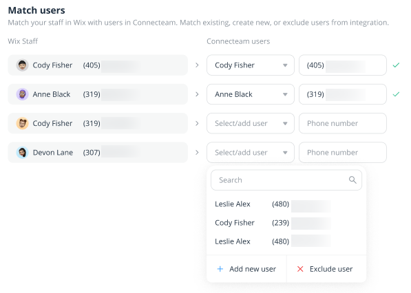 A screenshot showing how to match your Wix Bookings staff and Connecteam users.