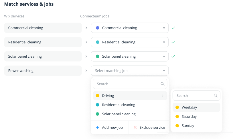 A creenshot showing how to match your Bookings services with the relevant connecteam jobs.