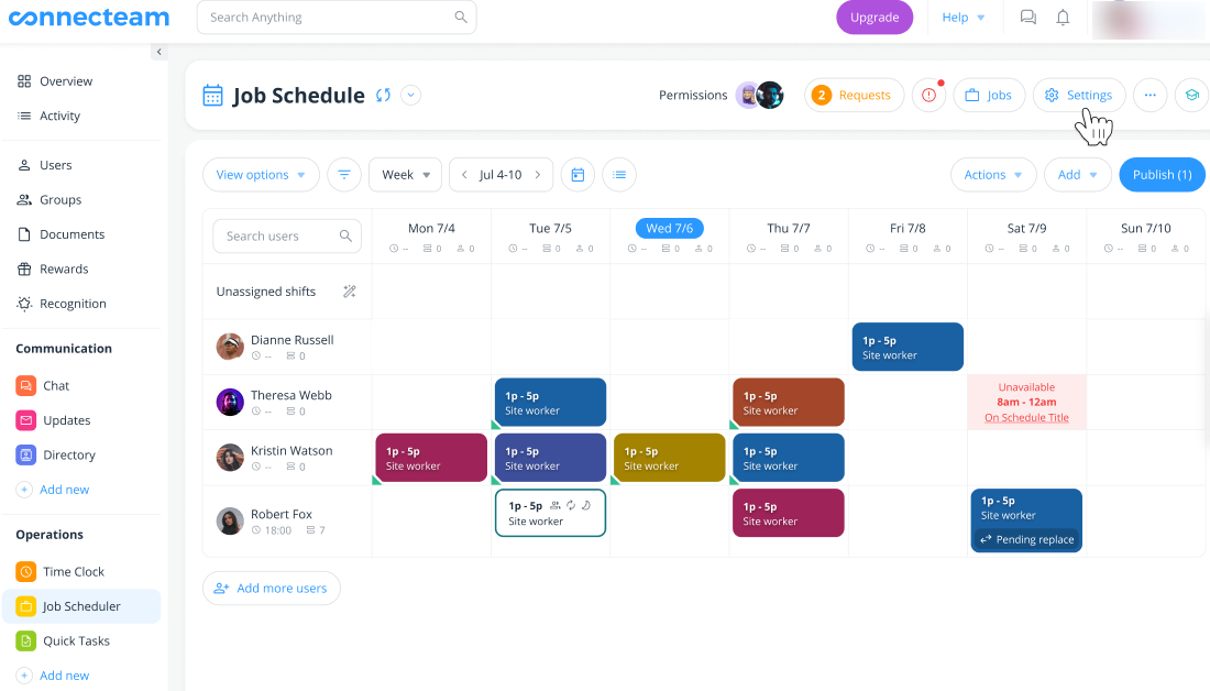 A screenshot showing the Connecteam scheduling dashboard.