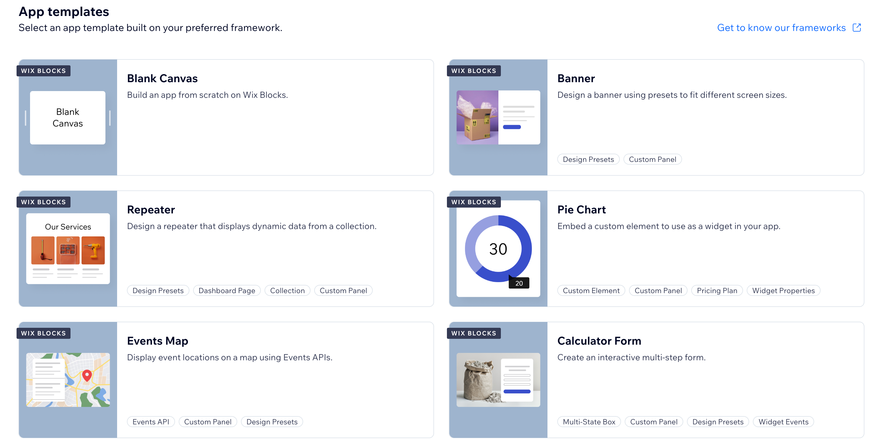 A screenshot showing the template options for creating a custom app for your organization.