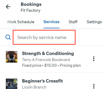 A screenshot showing the search box on the service list on the wix app.