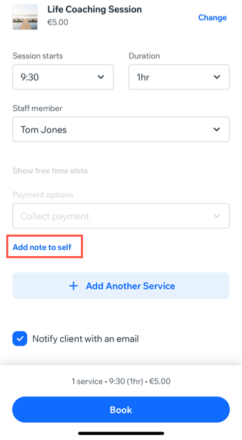 A screenshot showing how to add a note to self when creating an appointment.