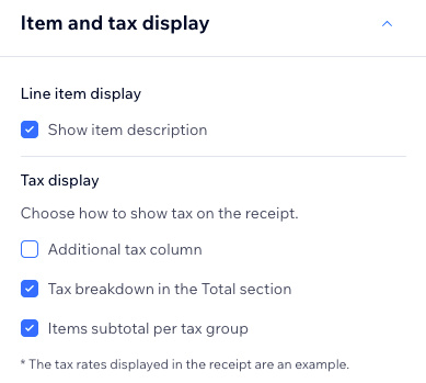 A screenshot showing the available display options for line items and tax on your receipts.