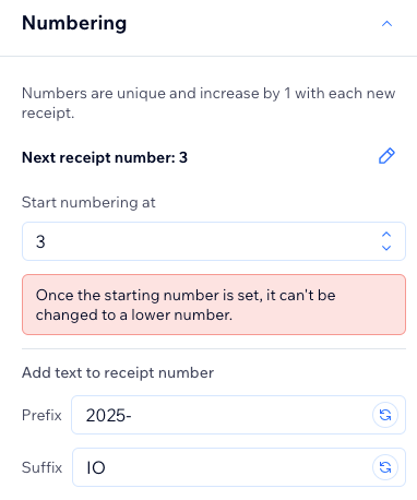 A screenshot showing the customization options for numbering on your receipts.