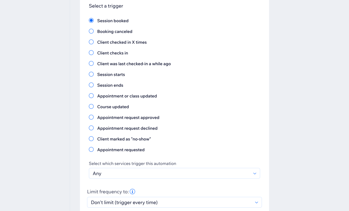 A screenshot showing how to select a trigger, choose which services it applies to and what the frequency limit is.