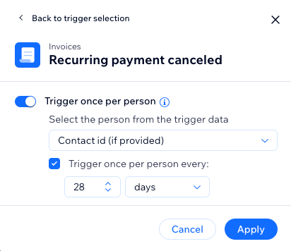 A screenshot showing the settings for the recurring payment canceled trigger.