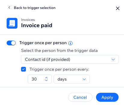 A screenshot showing the invoice paid trigger settings.