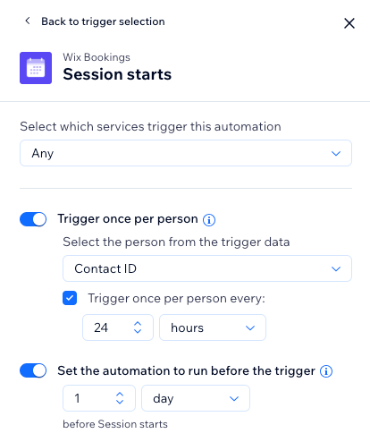 A screenshot showing the settings for the Session starts automation.