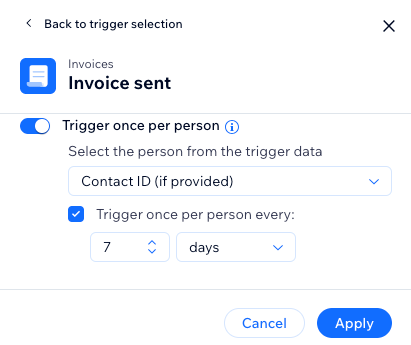 A screenshot showing the invoice sent trigger settings.