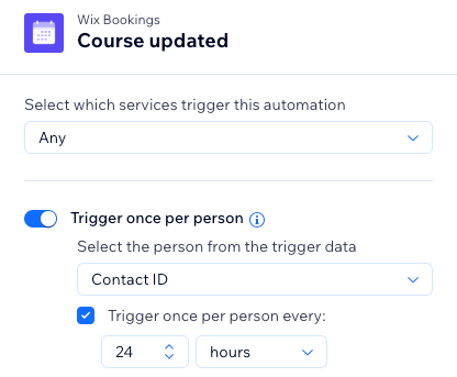 A screenshot showing the settings for the Course updated trigger.