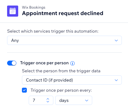 A screenshot showing the settings for the Appointment request declined trigger.