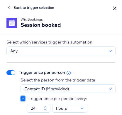 A screenshot showing the settings for the session booked automation.