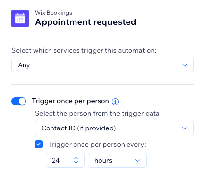 A screenshot showing the settings for the appointment requested trigger.