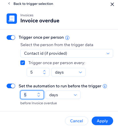 A screenshot showing the invoice overdue trigger settings.