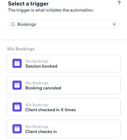 A screenshot showing several of the available Bookings automations triggers.