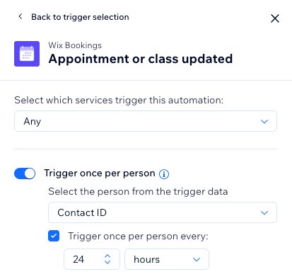 A screenshot showing the settings for the Appointment or class updated trigger.