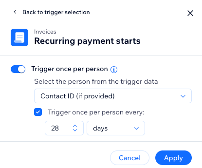 A screenshot showing the settings for the recurring payment starts trigger.