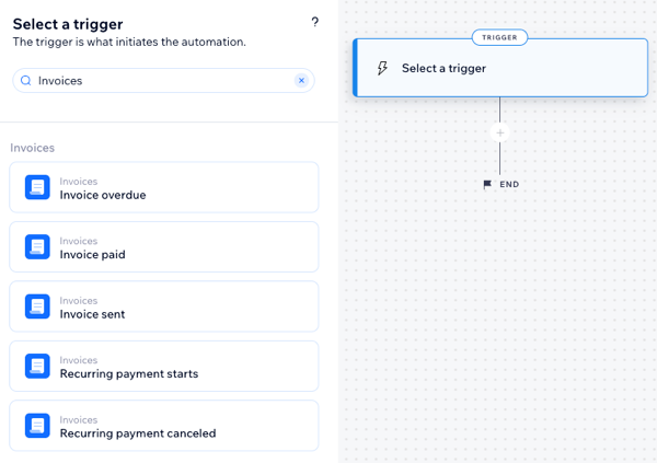 A screenshot showing the list of available triggers for invoices automations.