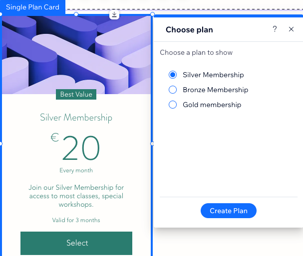 A screenshot showing how to select which plan to display on the single plan card.