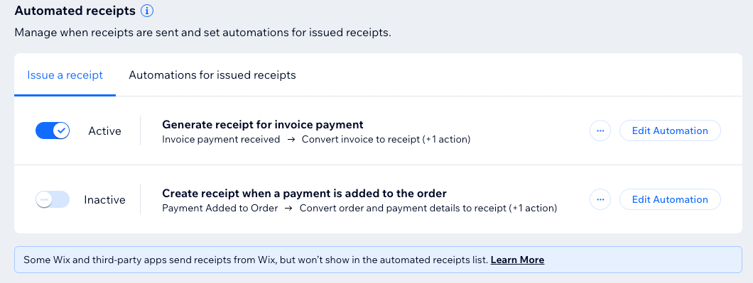 A screenshot showing one enabled automation and one disabled automation in receipts settings in the dashboard.