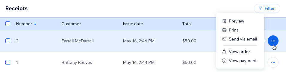 A screenshot showing how to view, print, or email or a specific receipt.