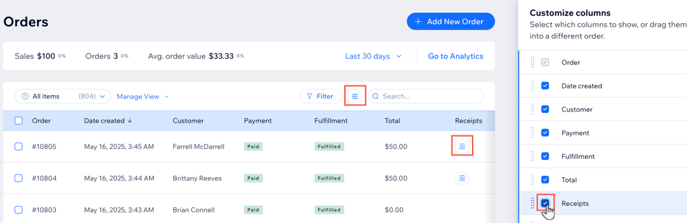 A screenshot showing how to enable viewing receipts in the orders tab.