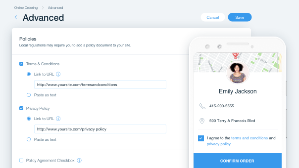 Uma captura de tela da configuração da sua política de privacidade e termos e condições.