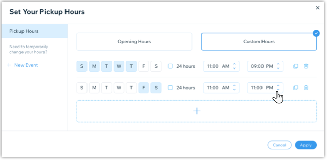 A screenshot of setting your pickup hours.