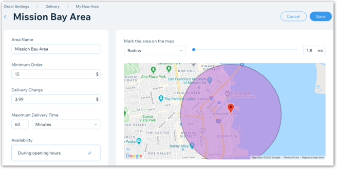 Capture d'écran de la configuration de la livraison pour les commandes en ligne.