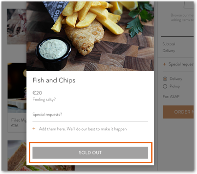 A screenshot of a menu item with a sold out label on it.